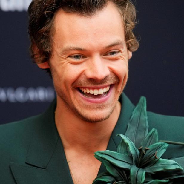 Harry Styles lächelt und hält eine grüne Lilie.