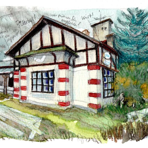 Aquarellzeichnung des Rennbahn Restaurants mit Biergarten.