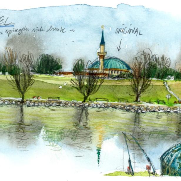 Eine Aquarellzeichnung der Donauinsel mit der Islamischen Zentrum Wien und einem Angler im Vordergrund.