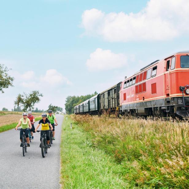 Ein Zug fährt auf den Gleisen entlang, umgeben von einer ländlichen Landschaft.