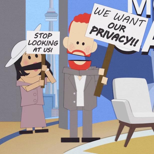 Die South-Park-Figuren von Meghan und Harry demonstrieren für ihre Privatsphäre.