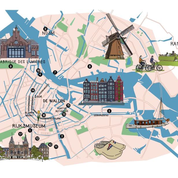 Eine illustrierte Karte von Amsterdam mit Sehenswürdigkeiten wie dem Rijksmuseum und der Fabrique des Lumières.