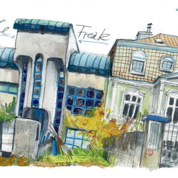 Aquarellzeichnung von zwei ungewöhnlichen Häusern in Plötzleinsdorf.