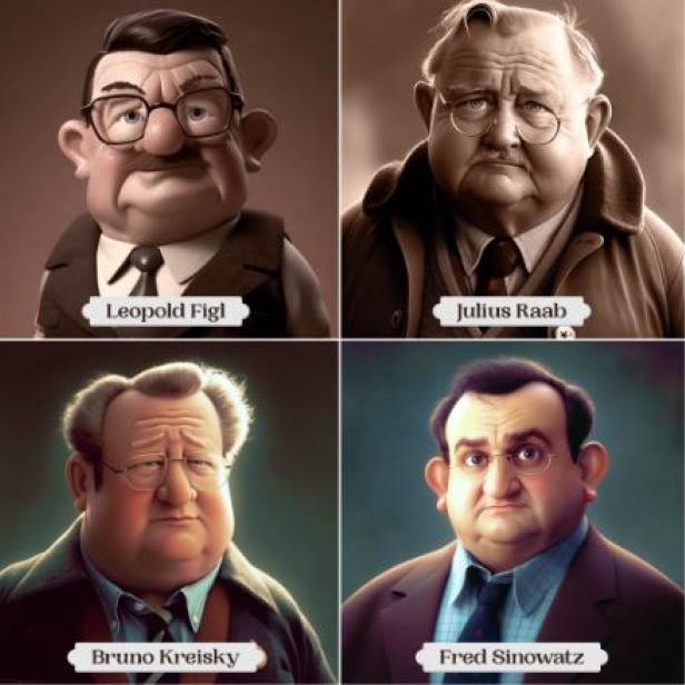 Karikaturartige Porträts von Karl Renner, Leopold Figl, Julius Raab, Alfons Gorbach, Josef Klaus, Bruno Kreisky, Fred Sinowatz und Franz Vranitzky.