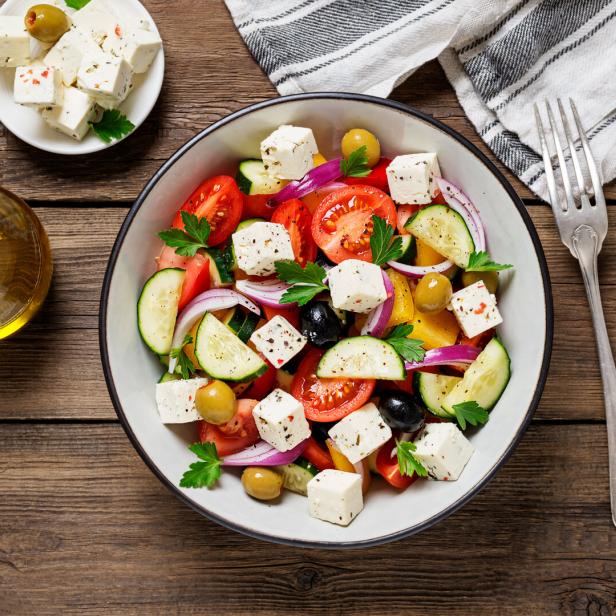Classic Greek salad with fresh vegetables, feta cheese and olives