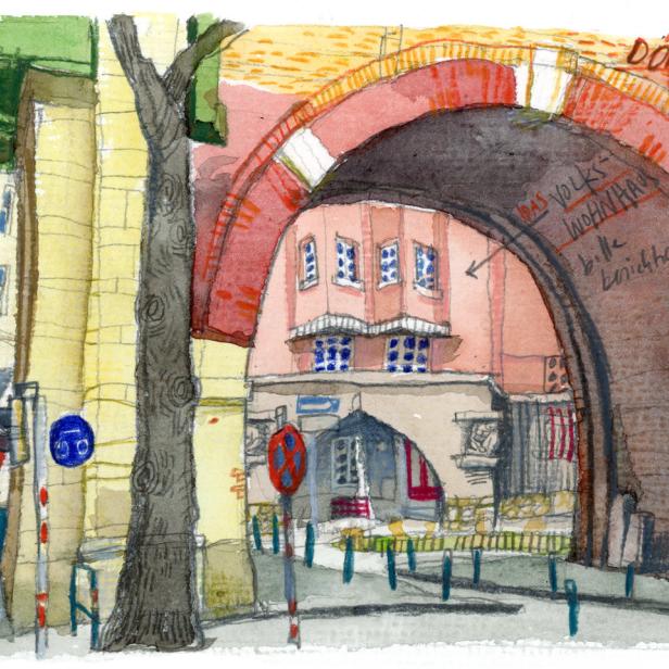 Eine Aquarellzeichnung des Döblinger Gürtels in Wien mit einem Ziegelbogen über der Straße.