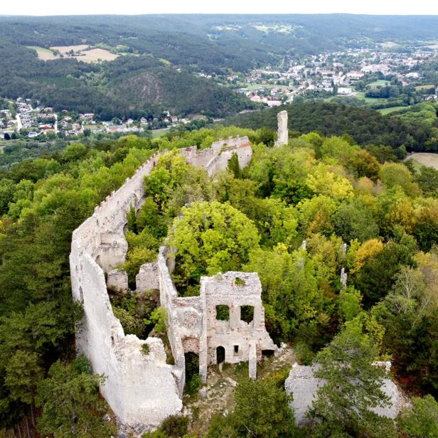 Die Ruine einer alten Burg thront auf einem bewaldeten Hügel.