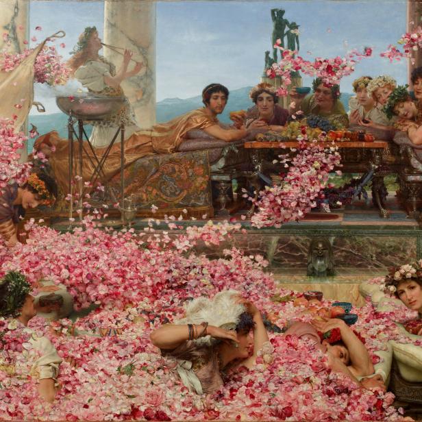 Das Gemälde „Die Rosen von Heliogabal“ zeigt ein dekadentes Fest, bei dem die Gäste unter Rosenblättern ersticken.