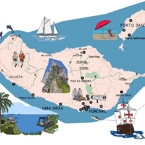 Eine illustrierte Karte von Madeira und Porto Santo mit Sehenswürdigkeiten und Wanderwegen.