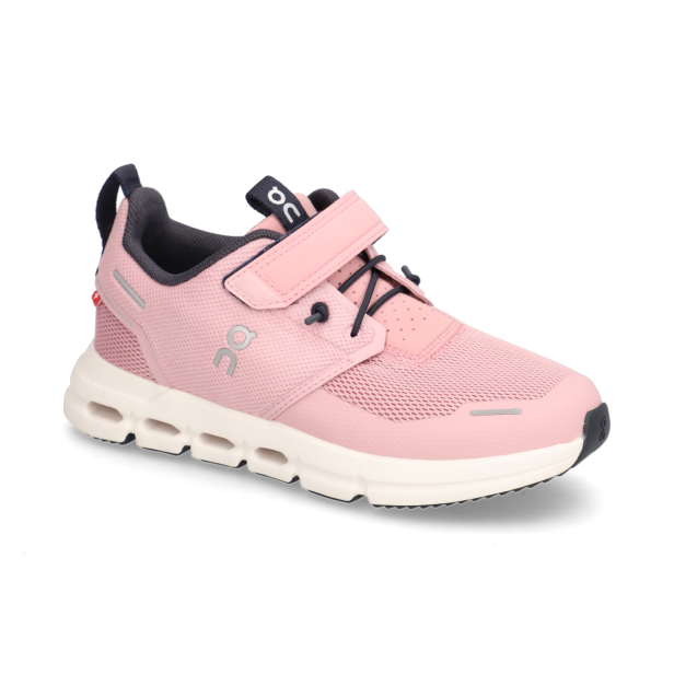 Ein rosafarbener On-Cloud-Schuh für Kinder mit Klettverschluss.
