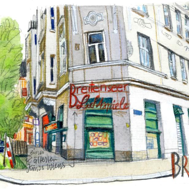 Eine Aquarellzeichnung einer Straßenecke in Wien-Breitensee mit dem Schriftzug „Breitenseer D. Luftmaniela“.