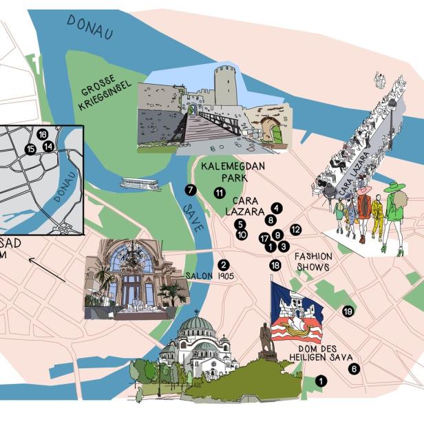 Eine illustrierte Karte von Belgrad mit Sehenswürdigkeiten wie Kalemegdan Park und dem Dom des Heiligen Sava.