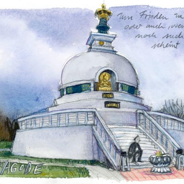 Eine Aquarellzeichnung der Friedenspagode mit einer Person auf der Treppe.