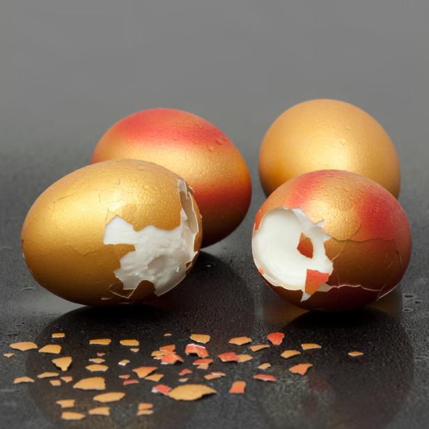 Mehrere goldene und rot-goldene Eier, von denen einige aufgebrochen sind.