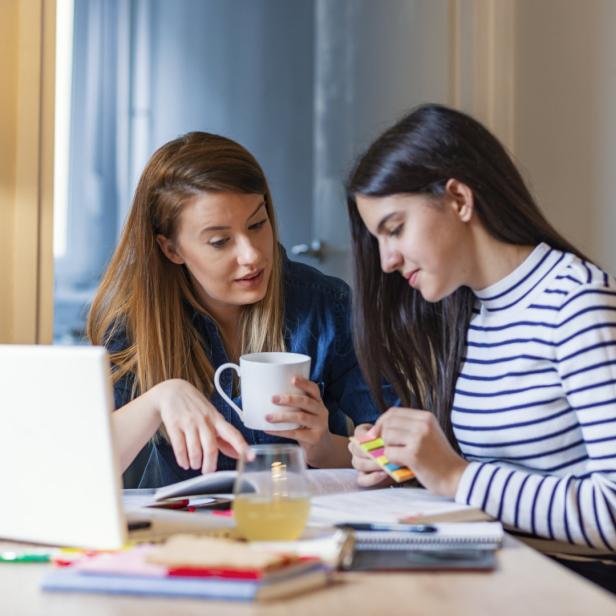 Zwei Frauen sitzen an einem Tisch und arbeiten zusammen an einem Laptop.