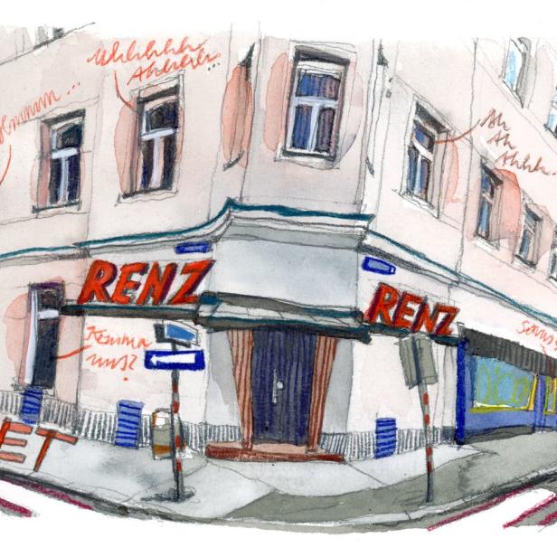 Eine Aquarellzeichnung des Cabaret Renz, einer Institution des Rotlichtmilieus.