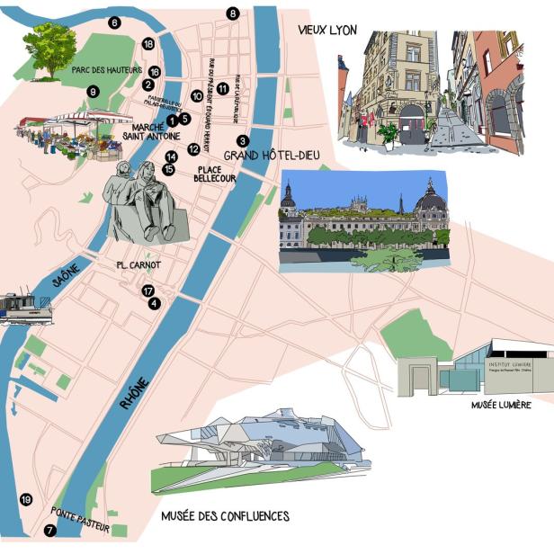 Eine illustrierte Karte von Lyon, Frankreich, mit Sehenswürdigkeiten wie dem Musée des Confluences und Vieux Lyon.