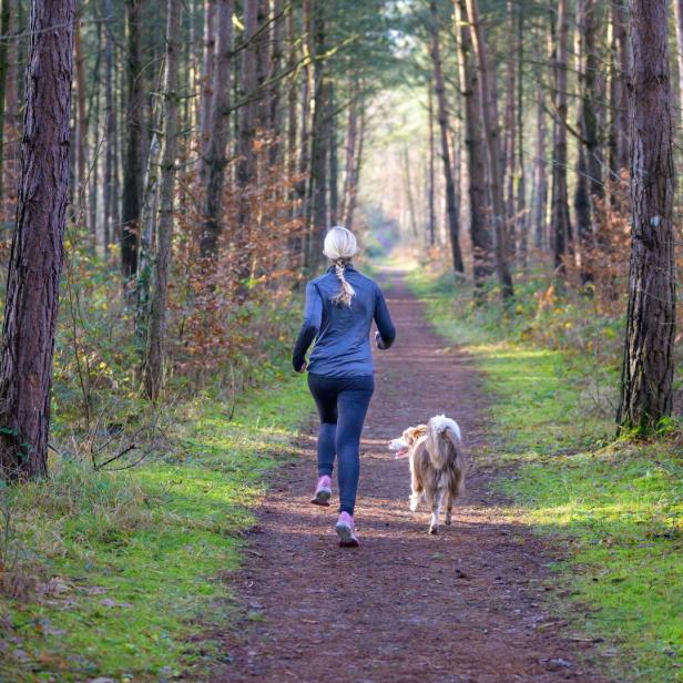 Eine Frau joggt mit ihrem Hund auf einem Waldweg.