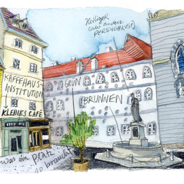 Eine Aquarellzeichnung des Franziskanerplatzes in Wien mit Cafés, einem Brunnen und einer Kirche.