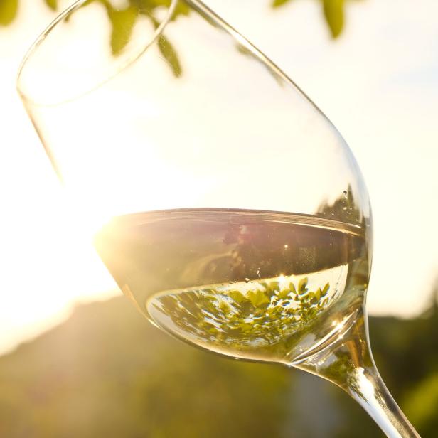 Ein Glas Weißwein vor einer Landschaft im goldenen Licht.