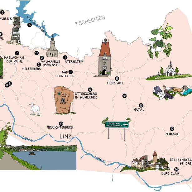 Eine illustrierte Karte des Mühlviertels in Österreich mit verschiedenen Sehenswürdigkeiten.