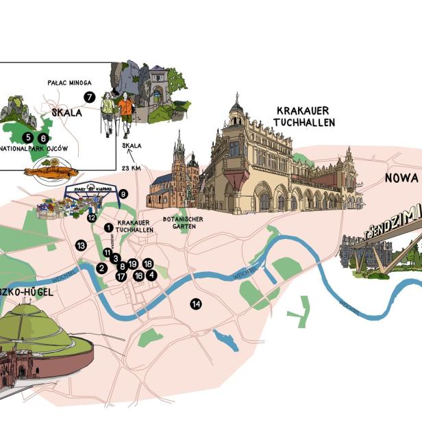 Eine illustrierte Karte von Krakau mit Sehenswürdigkeiten wie dem Nationalpark Ojców und Nowa Huta.