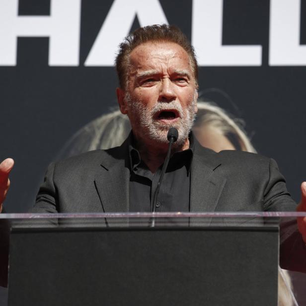 Arnold Schwarzenegger spricht bei einer Veranstaltung am Rednerpult.