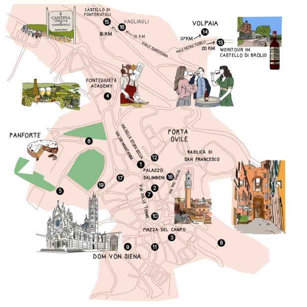 Eine illustrierte Karte von Siena und Umgebung mit Sehenswürdigkeiten und Weingütern.