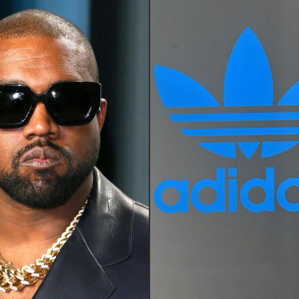 Ein Porträt von Kanye West neben dem Adidas-Logo.