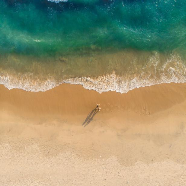 Eine Drohnenaufnahme von Menschen, die am Varkala Strand stehen. Die Wellen branden an.