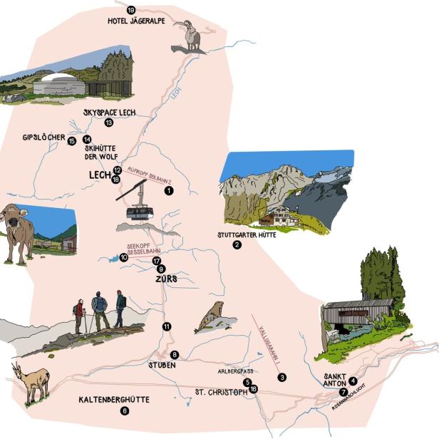 Eine illustrierte Karte der Region um Lech und St. Anton in Österreich.