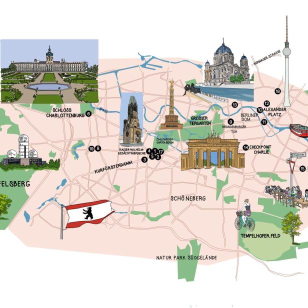 Eine illustrierte Karte von Berlin mit Sehenswürdigkeiten und Tipps für 2023.