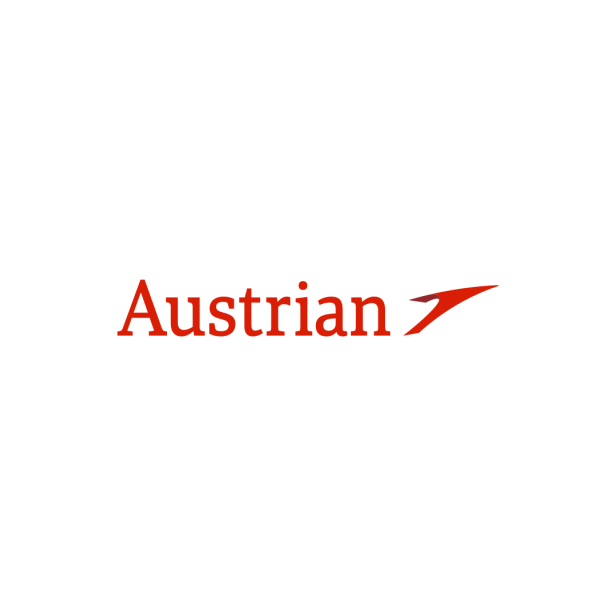 Das rote Logo der Fluggesellschaft Austrian Airlines auf weißem Hintergrund.