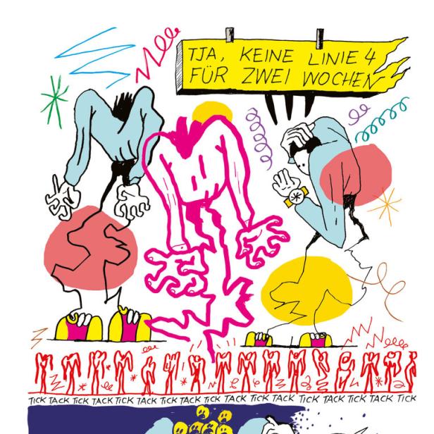 Eine Comic-Zeichnung mit bunten, verzerrten Figuren und dem Text „Tja, keine Linie 4 für zwei Wochen“.