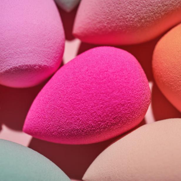 Mehrere bunte Make-up-Schwämmchen liegen auf einem rosa Untergrund.