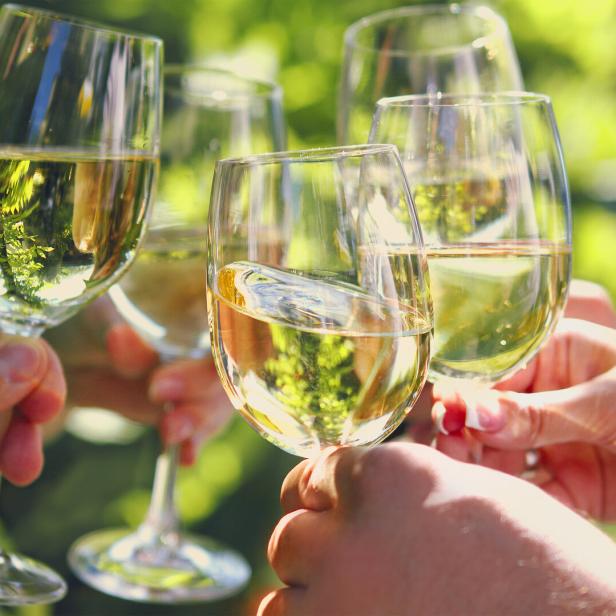 Eine Gruppe von Menschen stößt tagsüber mit einem Gläschen Wein an.