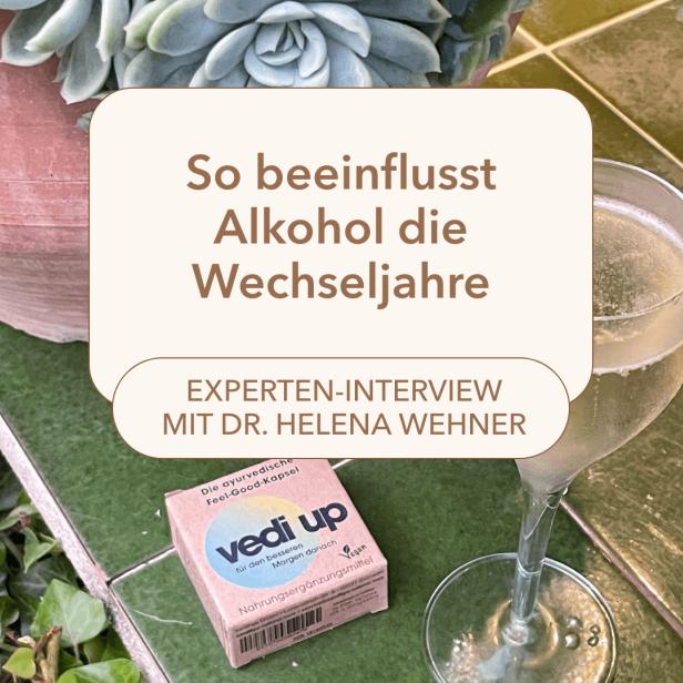 Ein Glas Sekt und eine Packung „Vedi up“-Nahrungsergänzungsmittel vor dem Hintergrund der Überschrift „So beeinflusst Alkohol die Wechseljahre“.