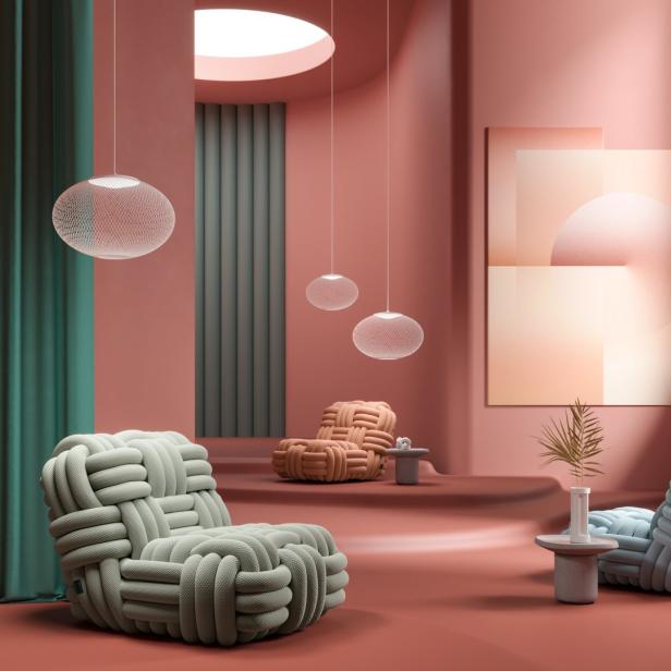 Ein Wohnzimmer in Rosatönen mit ungewöhnlichen Sesseln und runden Hängelampen.