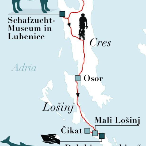 Eine Karte von Cres und Lošinj in Kroatien mit Sehenswürdigkeiten und einer Radroute.