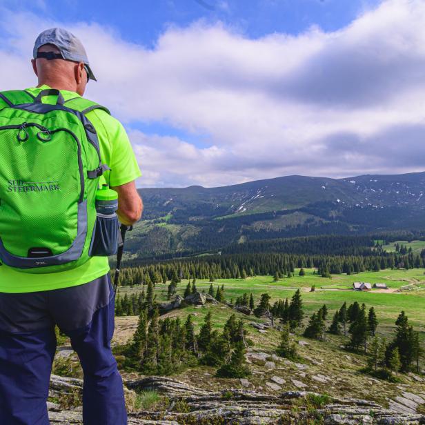 Ein Wanderer mit grünem Rucksack blickt auf eine grüne Berglandschaft.