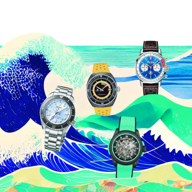 Eine Sammlung verschiedener Armbanduhren vor einem Hintergrund mit Wellenmuster.