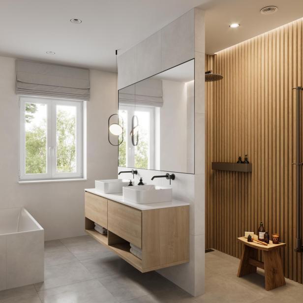 Ein modernes Badezimmer mit Doppelwaschbecken und Holzdusche.
