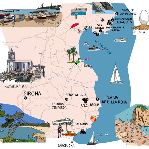 Eine illustrierte Karte der Region Girona in Spanien mit Sehenswürdigkeiten und Küstenorten.
