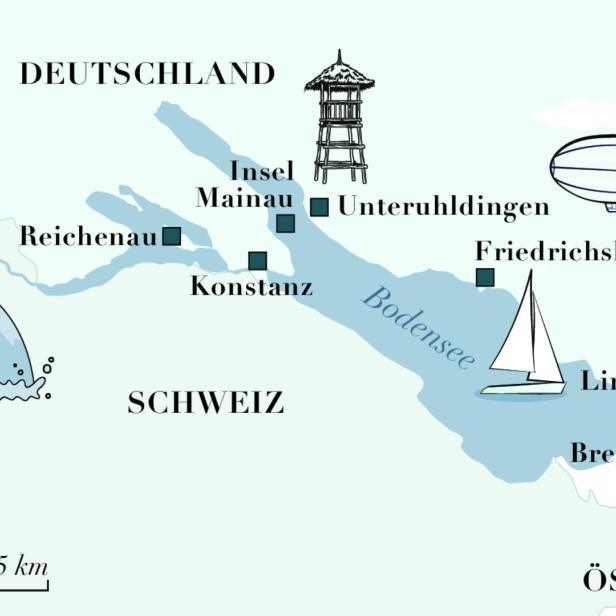 Eine Karte des Bodensees mit Sehenswürdigkeiten und angrenzenden Ländern.