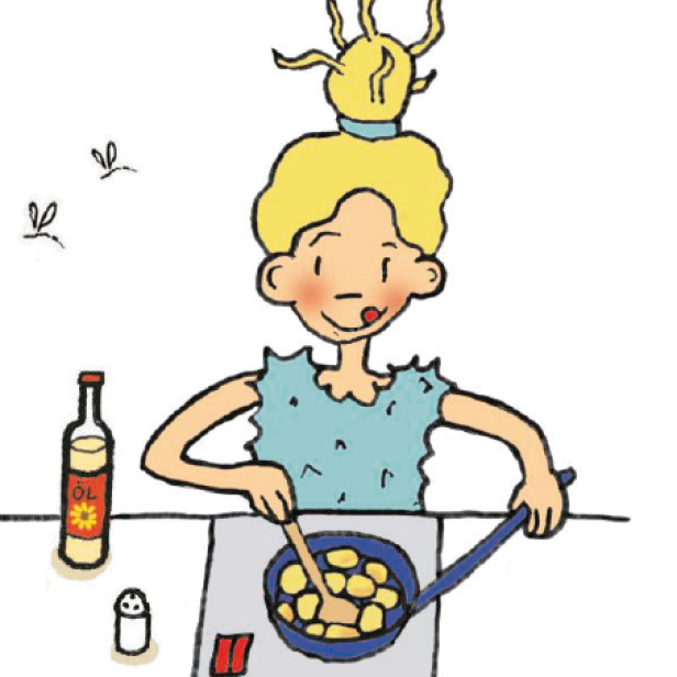 Eine blonde Frau kocht Kartoffeln in einer Pfanne.
