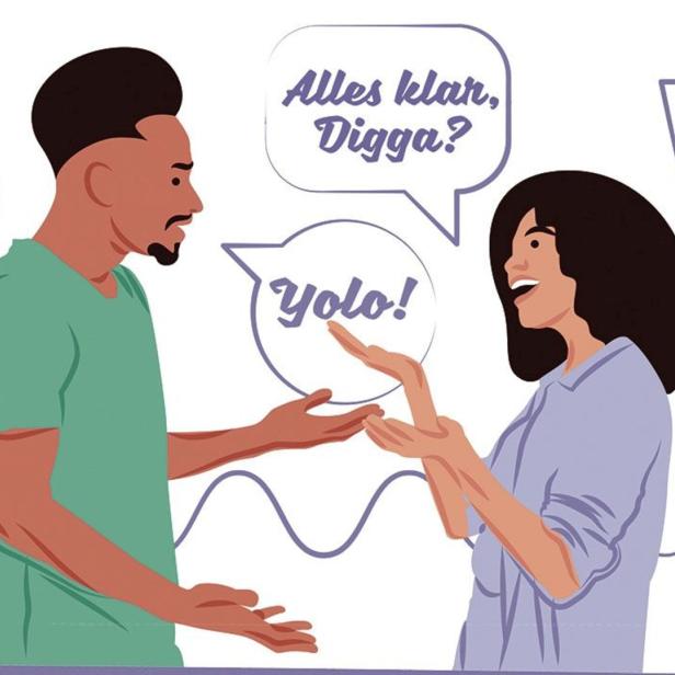 Ein Mann fragt eine Frau „Alles klar, Digga?“, woraufhin sie mit „Yolo!“ antwortet.