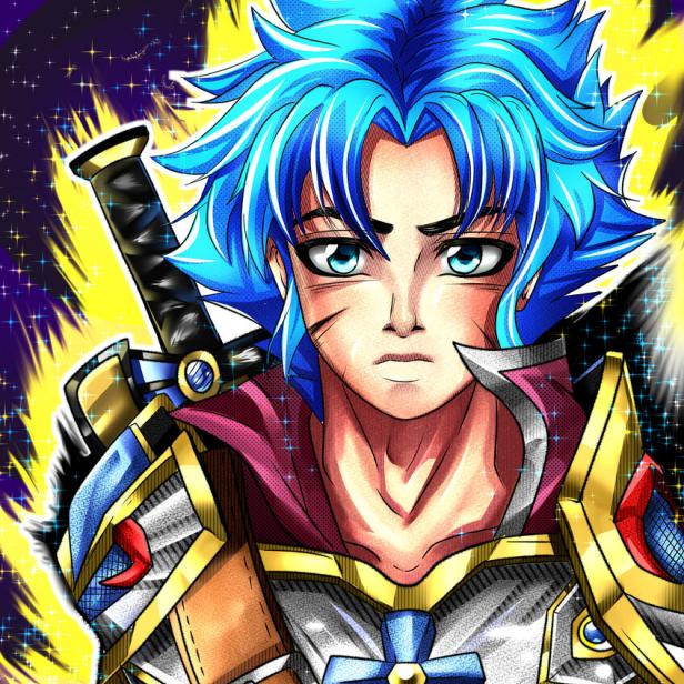 Ein Anime-Krieger mit blauen Haaren und Rüstung vor einem sternenklaren Hintergrund.
