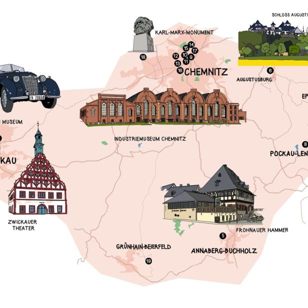 Eine Karte mit Sehenswürdigkeiten in Sachsen, darunter Chemnitz, Zwickau und das Karl-Marx-Monument.