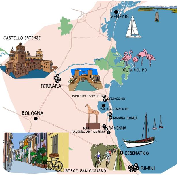 Eine illustrierte Karte der Region Emilia-Romagna in Italien mit Sehenswürdigkeiten wie Venedig und Ferrara.