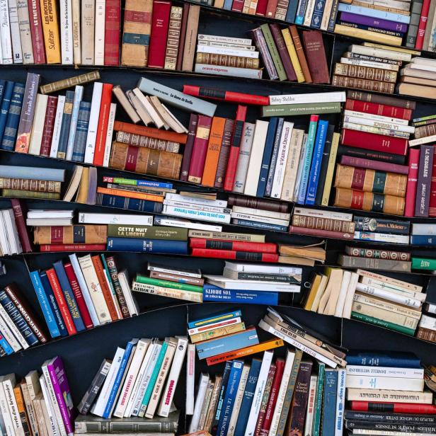 Ein Regal voller dicht an dicht gestapelter Bücher unterschiedlicher Größe und Farbe.